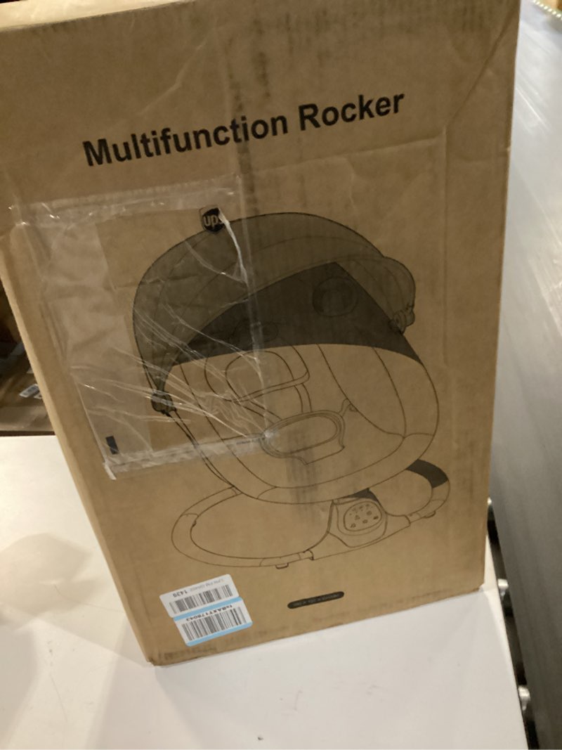 Condition photo showing New/Like New for electric baby swing for infants to toddler, portable swing rocker with 5 point harness, 5 sway speed, bluetooth,12 preset lullabies with remote control, infant swing for baby boys & girls, grey gray