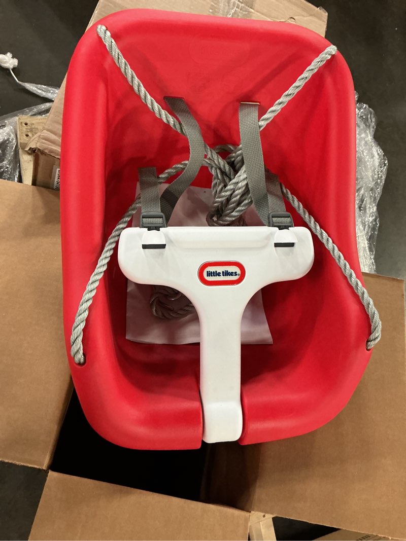 Condition photo showing Good Condition for 2-in-1 snug 'n secure swing - red with white bar, ages 9 months to 4 years
