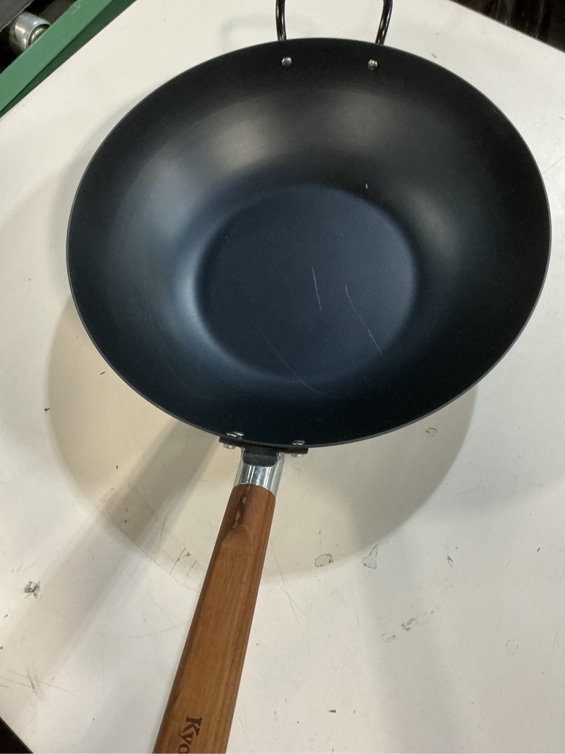 Condition photo showing As Is for greenpan carbon steel wok 14”, flat bottom, durable stir-fry pan, pre-seasoned ready to use, high heat retention, induction, ash wood handle, kyoto, black black 14" wok pan