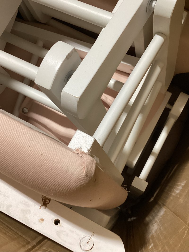 Condition photo showing As Is for storkcraft premium hoop glider & ottoman (white/pink) — greenguard gold certified nursery glider, solid wood craftsmanship, smooth-gliding nursery chair and ottoman, award-winning