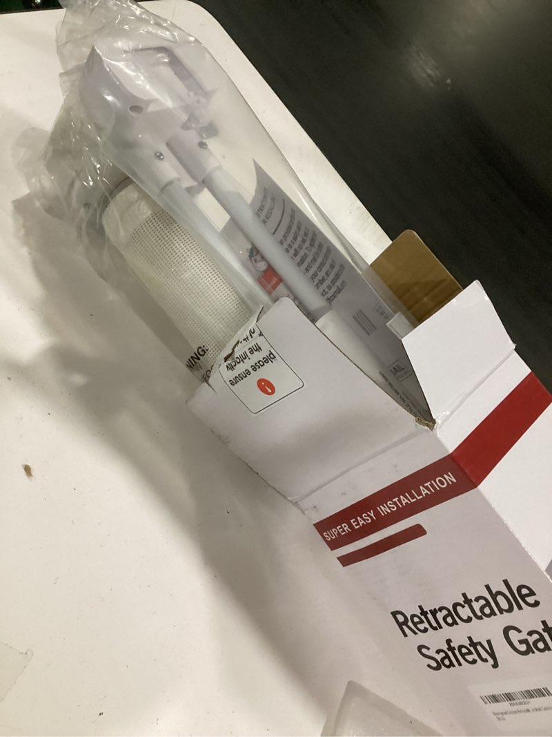 Condition photo showing New/Like New for weatherproof outdoor retractable baby gates for decks, 55" wide waterproof retractable dog gate with no rust screws and rods, scratch-resistant mesh outdoor baby gate/fence/barrier/screen, white white 35" x 55"