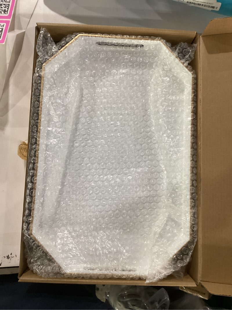 Condition photo showing New/Like New for White Decorative Tray with Handles, Octagon Versatile Serving Tray for Coffee Table, Ottoman, Ideal for Serving, Displaying, Organizing 15.7" x 10.2" x 1.6" Re8 White