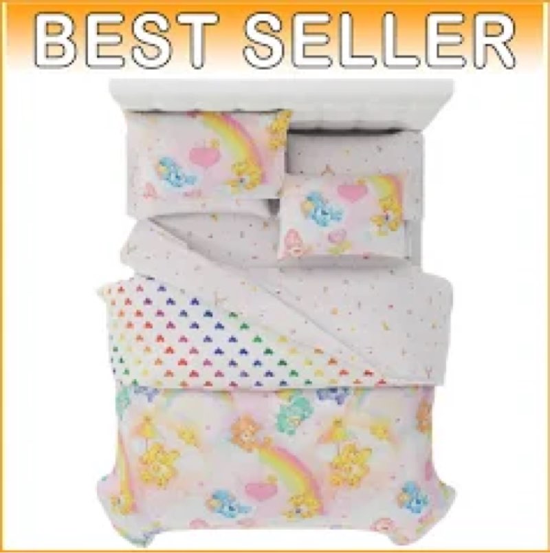 Care Bears Classic Retro Rainbow Bedding 7 Piece Super Soft Comforter and Sheet Set with Sham, Queen