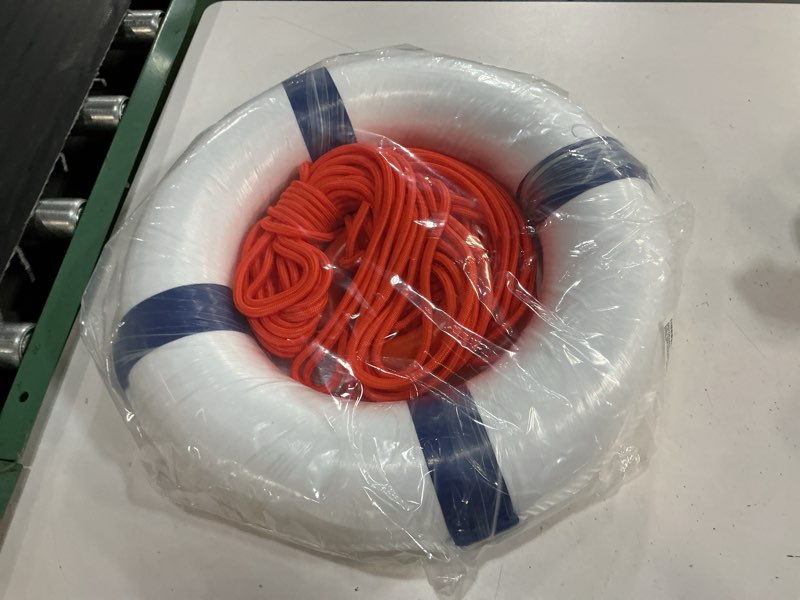 Condition photo showing New/Like New for 20inch throwable life preserver ring with 98.4ft floating rescue rope - emergency flotation device for boating, pool, lake & beach - swim foam buoy with perimeter line kit blue kit