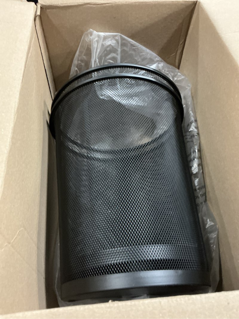 Condition photo showing As Is for mind reader mesh trash can, set of 3, waste paper basket, round, office, metal mesh, 11.5" l x 11.5" w x 13.75" h, black