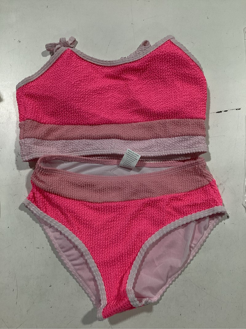 Condition photo showing New/Like New for girls bathing suit color-block adjustable straps bikini sets girls two piece swimsuits with chest pad swimwear 7-18t pink 13-14 years