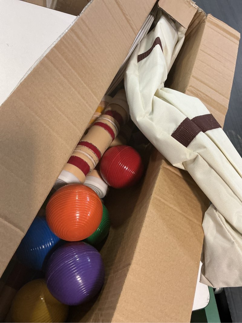 Condition photo showing As Is for ropoda six-player croquet set with wooden mallets, colored balls, sturdy carrying bag for adults &kids, perfect for lawn,backyard,park and more 28"-standard