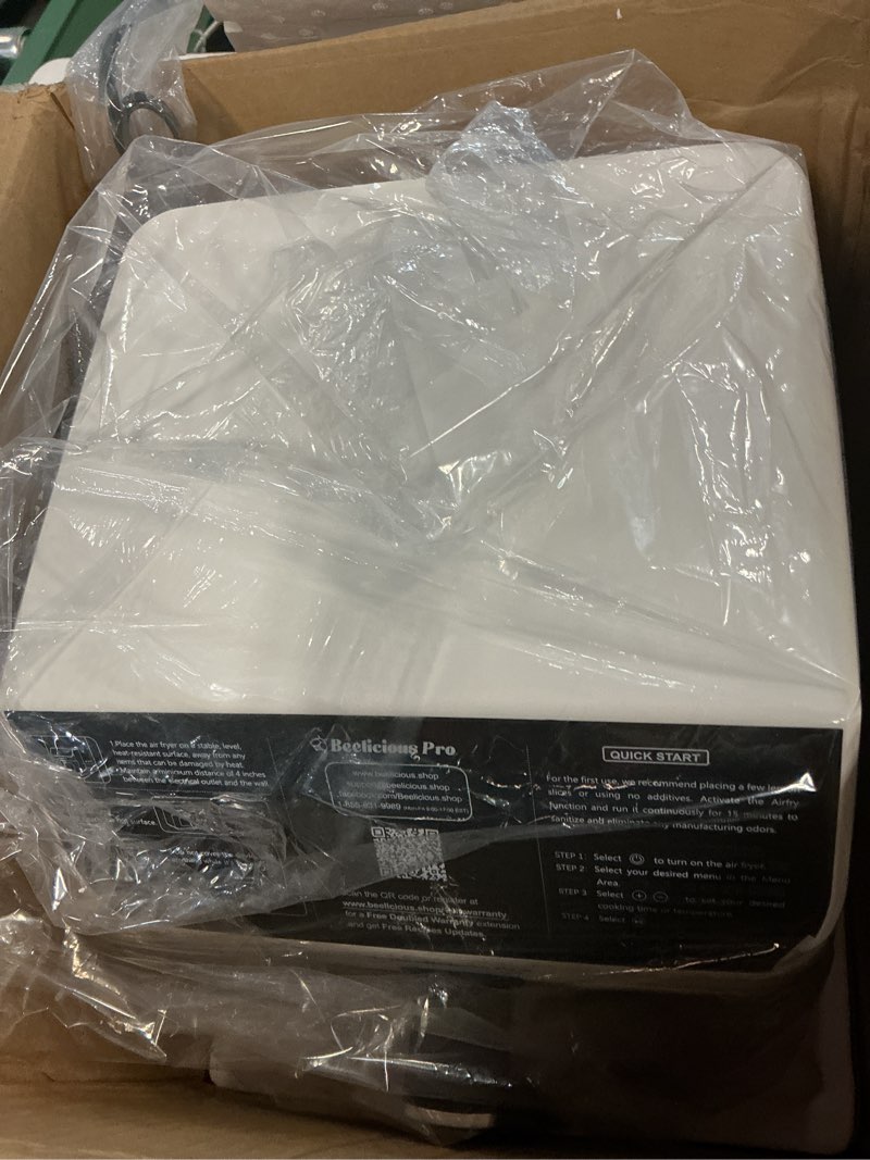 Condition photo showing New/Like New for beelicious® 5.8qt large air fryer, 12-in-1 digital airfryer with clear window, 40+ recipes, flavor-lock tech, shake reminder, compact, quiet, dishwasher safe, nonstick, fit for family of 2-5, white