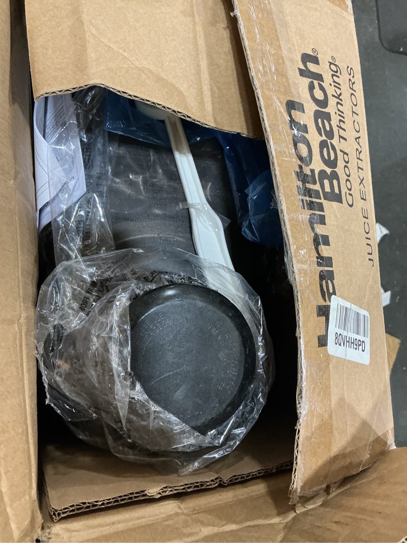 Condition photo showing As Is for hamilton beach juicer machine, big mouth 3” feed chute for whole fruits and vegetables, easy to clean, centrifugal extractor, vegetable & fruit juicer, bpa free, 800w motor, stainless steel silver 800w motor