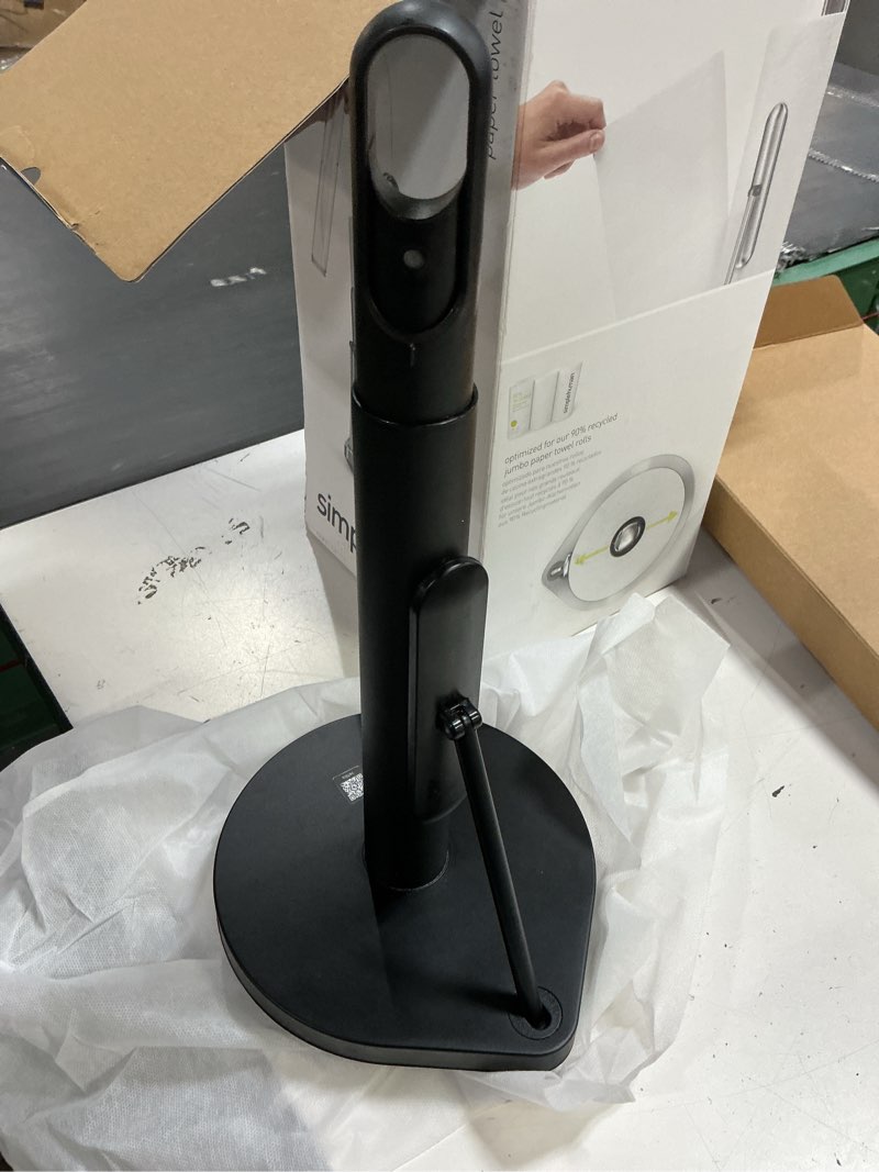 Condition photo showing As Is for simplehuman standing paper towel holder with spray pump, black stainless steel