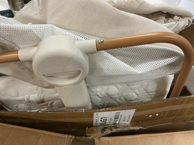Condition photo showing As Is for baby bassinet bedside sleeper, portable crib for newborns, adjustable 7-height auto-lock, with wheels, soft mattress & breathable mesh (beige)