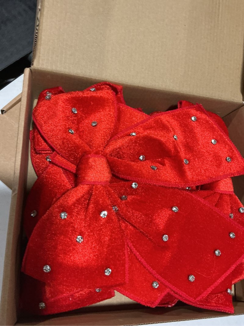 Condition photo showing Good Condition for Red Velvet Christmas Bow, 6PCS Small Christmas Ribbon Wreaths Bows Decorations, for Home Front Door Stairs Railing Holiday Wedding Gift Wrapping Xmas Tree Valentine's Day Decor.