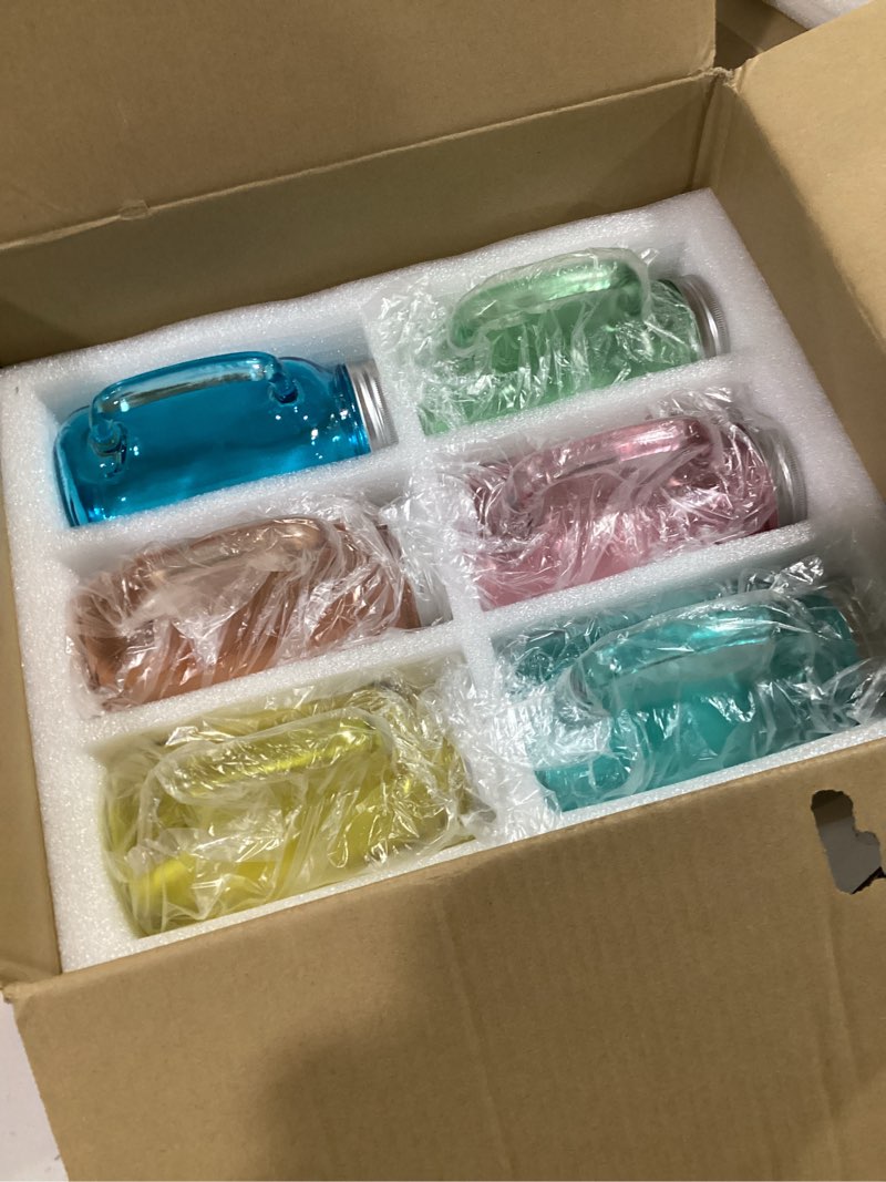 Condition photo showing Good Condition for LemonRoad 6 Pcs 24 oz Mason Jar Cups with Handle and Lids Large Mason Jar Drinking Glasses Iced Coffee Cup with Lids and Handles Glass Mugs for Party Beverages Coffee Bar Accessories Gifts (Colorful) Colorful 6