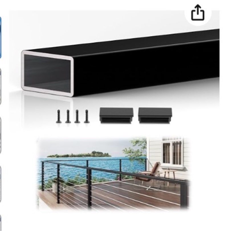 1 Pack 8FTx 2"x1" Aluminum Black Handrail with Self Drilling Screws Nylon End Caps, 5 Year Outdoor N