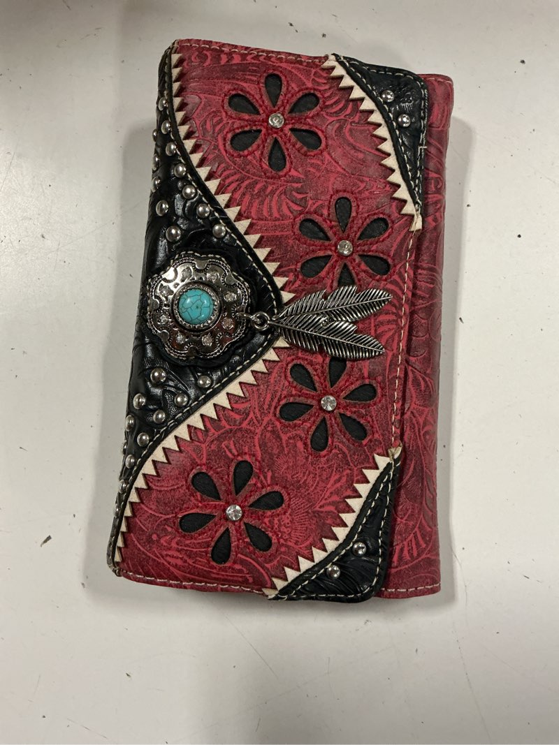 Condition photo showing New/Like New for turquoise concho feather floral crossbody western trifold wallet for women