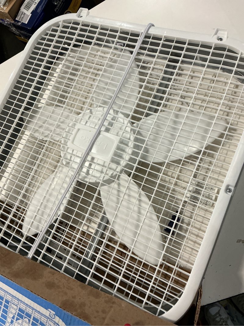 Condition photo showing As Is for lasko 20" classic box fan with weather-resistant motor, 3 speeds, 22.5" h, white, b20200, new