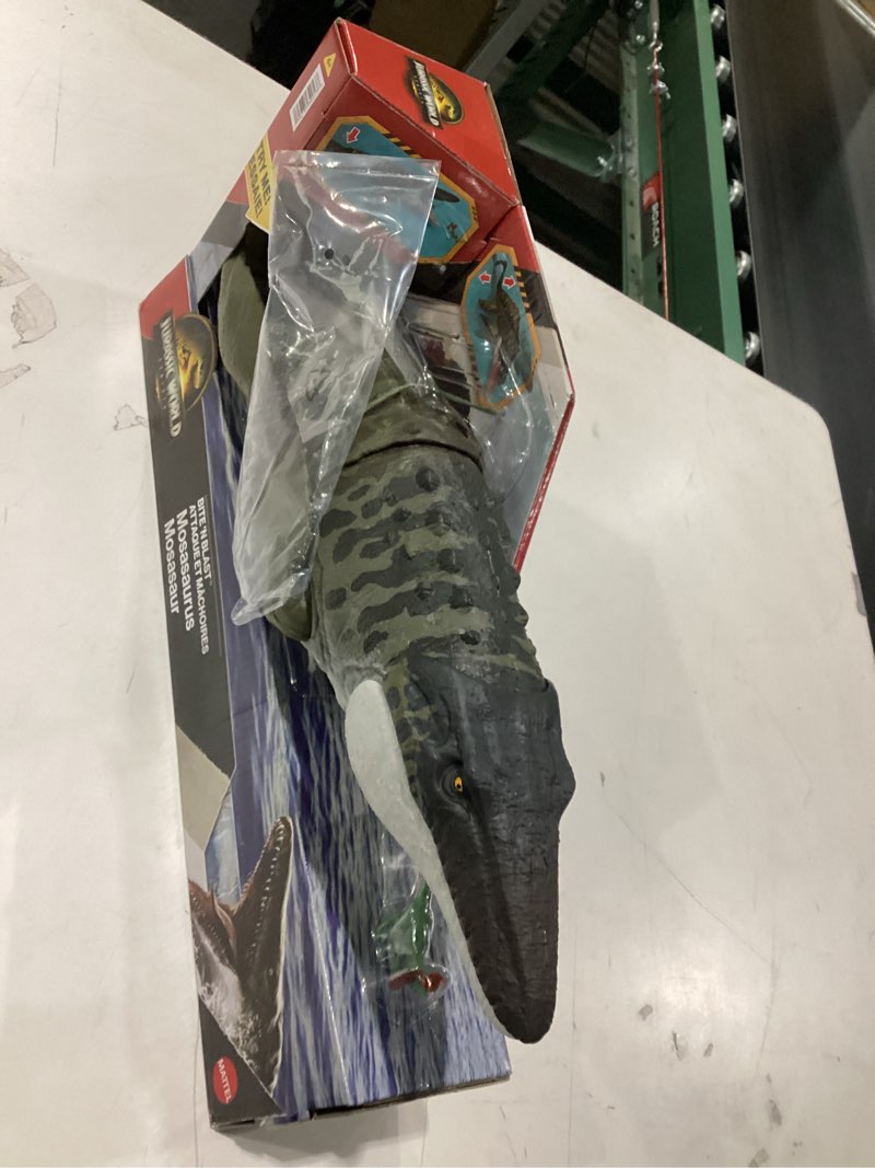 Condition photo showing New/Like New for Mattel Jurassic World Rebirth Bite N Blast Mosasaurus Action Figure & Mini Dilophosaurus, Wide Jaw Dinosaur Toy, Movie-Accurate Posable, Digital Play