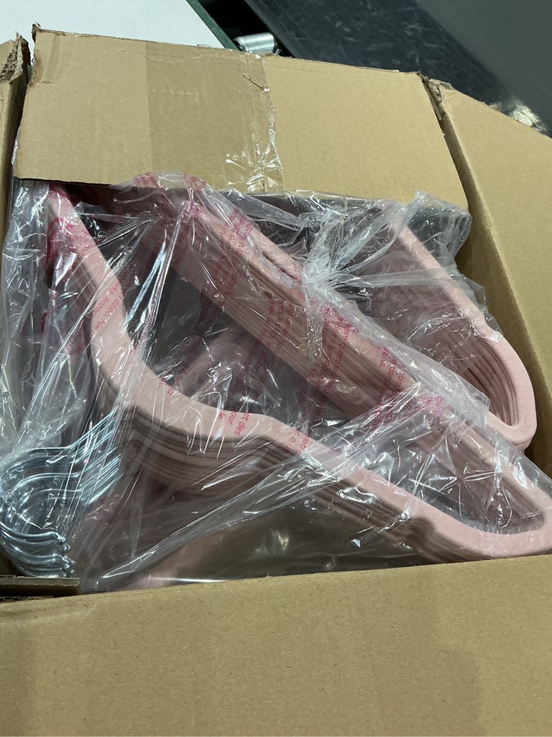 Condition photo showing Good Condition for house day lt pink velvet hangers 60 pack, non slip clothes felt hanger heavy duty for coat, premium slim space saving suit hangers for closet organizer, 360° rotating silver hook 60 pack light pink