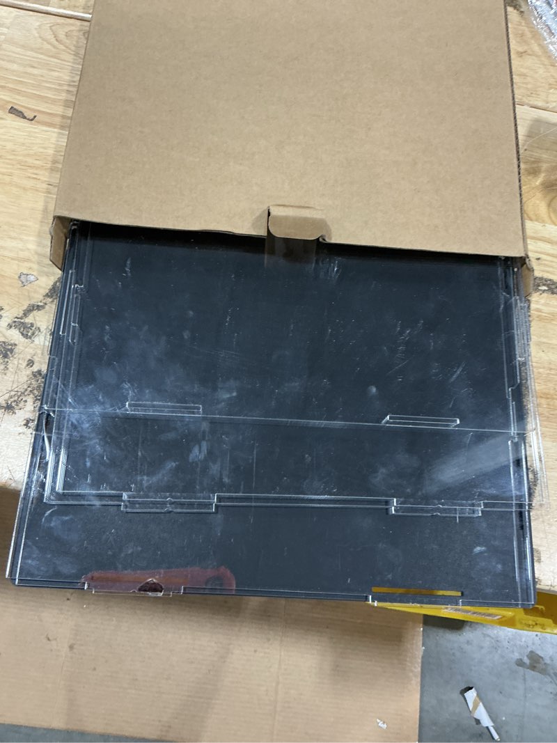 Condition photo showing As Is for svenjbb large display case for dolls, 13x13x16 inch acrylic box for trophy and figures, clear acrylic display cases with matte black base for collection protection and storage 13"(l) x 13"(w) x 16"(h)