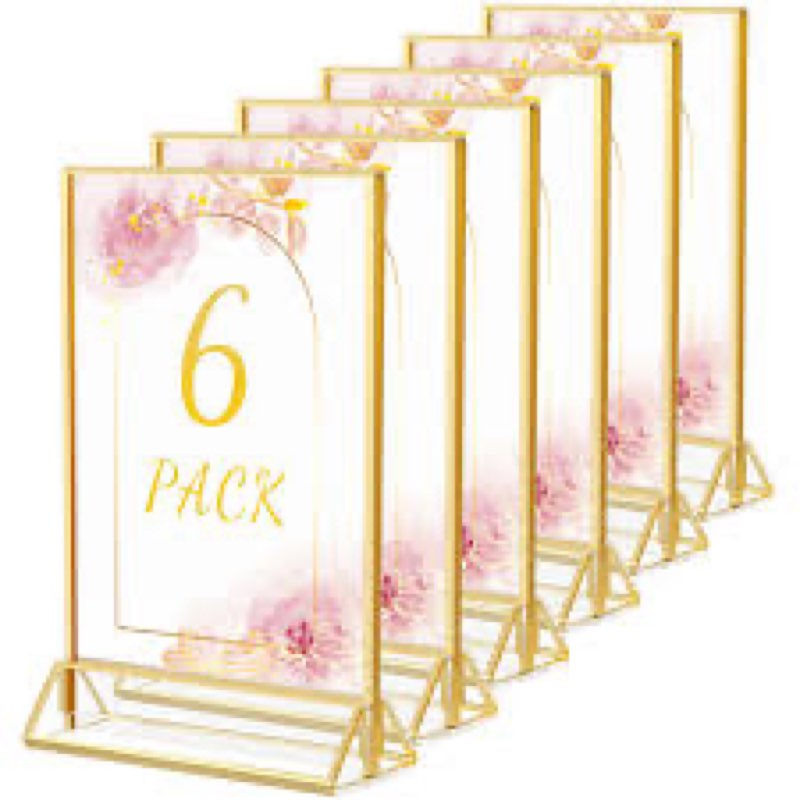kuchisity 20PCS Acrylic Sign Holder, 4x6 Double Sided Gold Picture Frame Clear Wedding Table Numbers