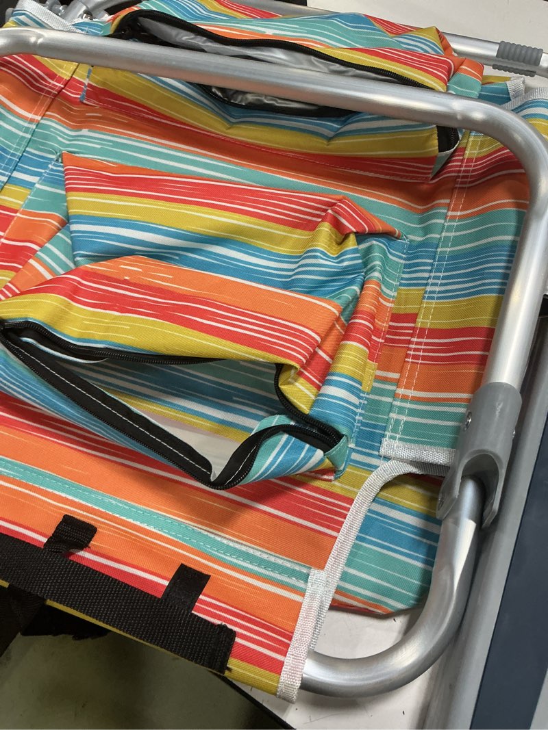 Condition photo showing As Is for pasamic backpack beach chair for adults portable, lay flat reclining beach chair with 5 positions, tall heavy duty folding chairs with cup holder, cooler pouch, towel bar, multicolor stripe multicolor stripe 1 pack