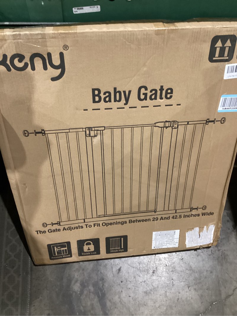 Condition photo showing As Is for keny 29"-42.5" Baby Gate for Stairs, Auto Close Safety Dog Gate, Pressure Mounted Easy Walk Through Pet Gate for Doorways, Durable Stair Gate, 30" Tall, White White 29-42.5"Wide, 30"Tall