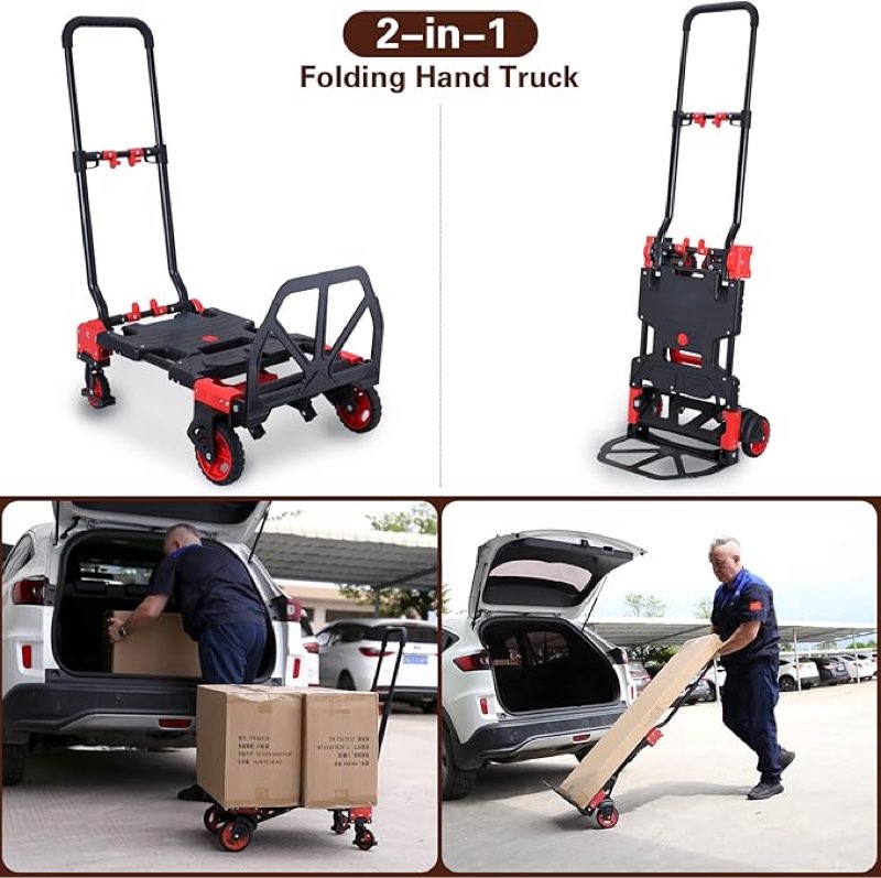 2-in-1hand truck dolly foldable with folding basket,330lbs capacity handtruck,hand truck foldable dolly with 4 wheels,dolly cart with retractable handle,folding hand cart for moving