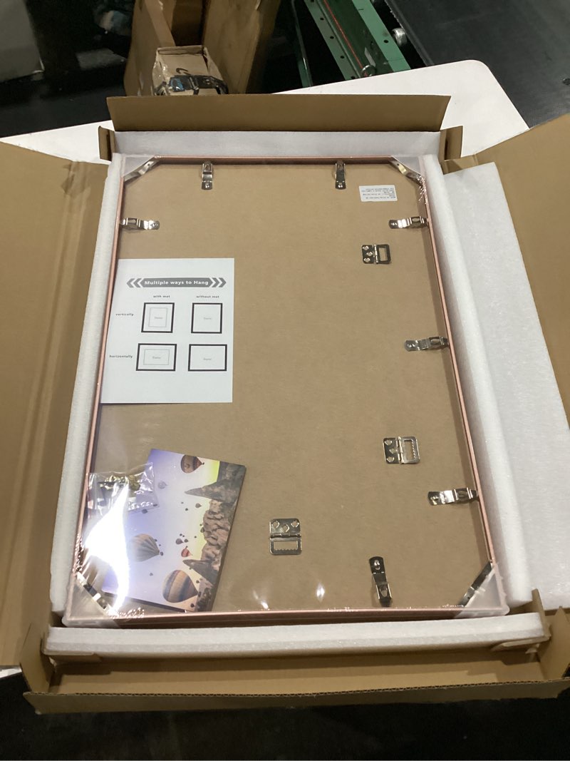 Condition photo showing New/Like New for flyjoe 16x24 frame | 16x24 poster frame with mat for 12x18 | metal aluminum picture frame with tempered glass | minimalist modern poster frame | hanging hardware included | set of 2, rose gold rose gold 16''x24''-2p real glass