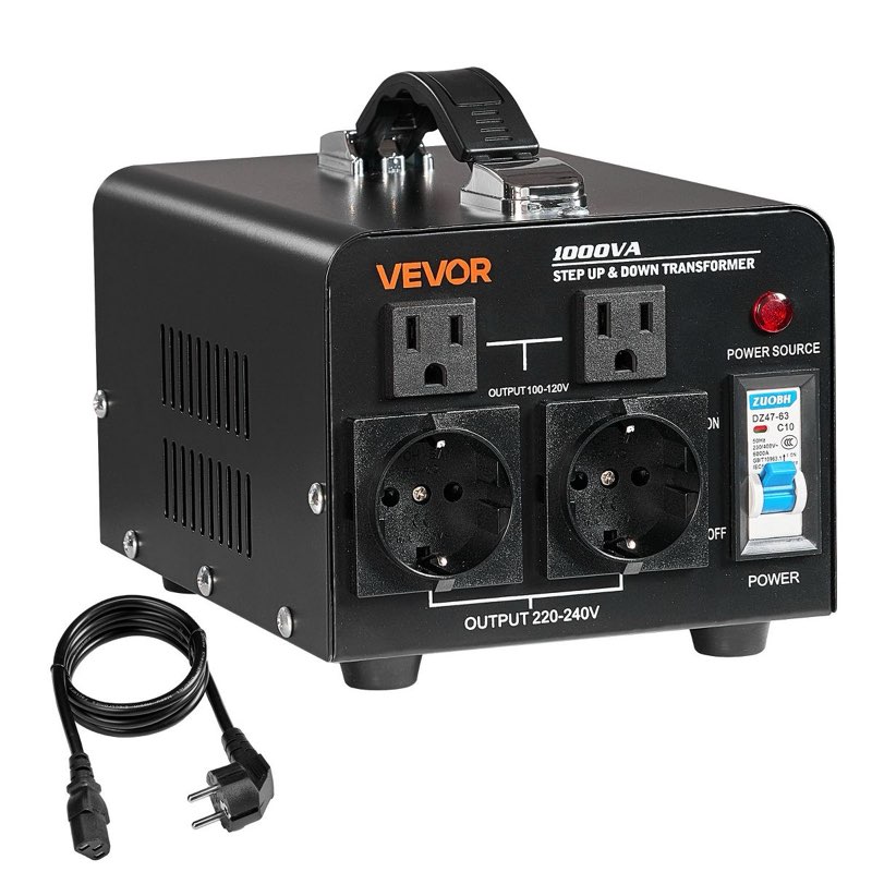 vevor voltage converter transformer, 1000va, heavy duty step up/down power transformer, convert from 110v to 220v and 220v to 110v, black