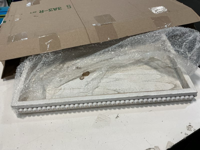 Condition photo showing As Is for Extra Large Square Ottoman Table Tray with Wooden Bead 24 Inch Rustic Washed Wooden Serving Tray Multipurpose Farmhouse Decorative Square Ottoman for Coffee Table Platter Room Kitchen Counter