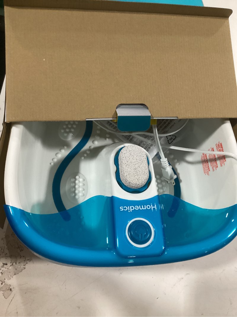 Condition photo showing As Is for homedics bubble mate foot spa, toe touch controlled foot bath with invigorating bubbles and splash proof, raised massage nodes and removable pumice stone