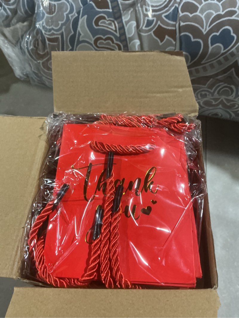Condition photo showing Good Condition for honoson 30 pcs mini gift bag with handle 4 x 2.75 x 4.5'' small thank you bag foil paper tote for valentine's day wedding baby shower birthday graduation party favor supplies(red/gold) red/ gold