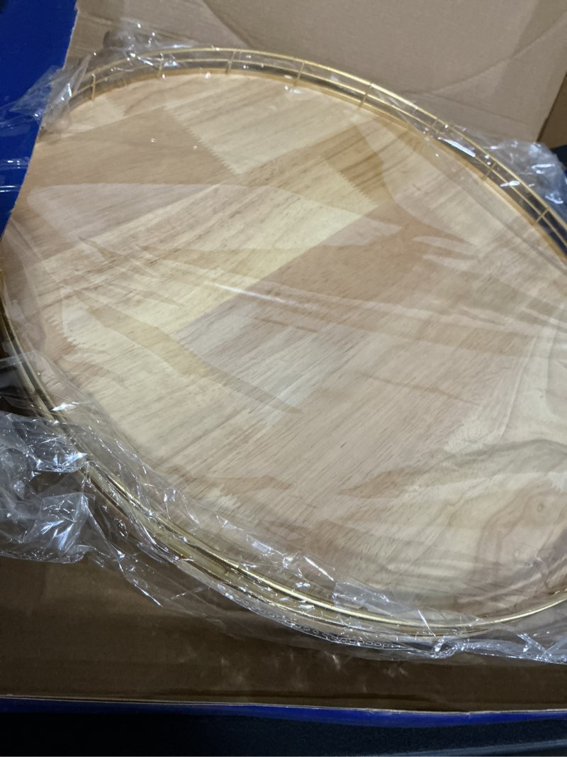 Condition photo showing New/Like New for 18 inch rustic lazy susan turntable – solid oak & iron wood rotating tray for dining table, kitchen counter, coffee table – farmhouse style large wooden lazy susan organizer for home décor natural oak 18 inches