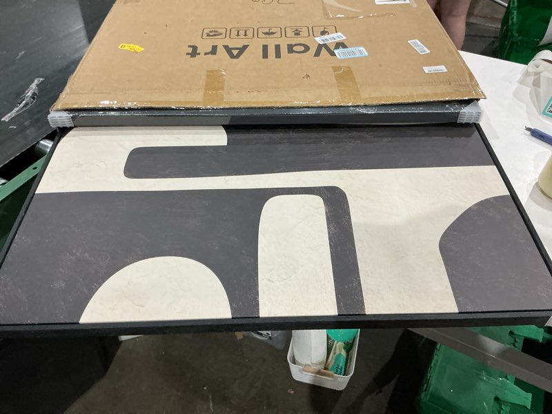 Condition photo showing Good Condition for large framed abstract set of 2 wall art for living room, neutral black beige geometric modern canvas artwork for walls, minimalist painting print wall decor bedroom hallway home office, 24x36 inch 24" w x 36" h x 2pcs black beige