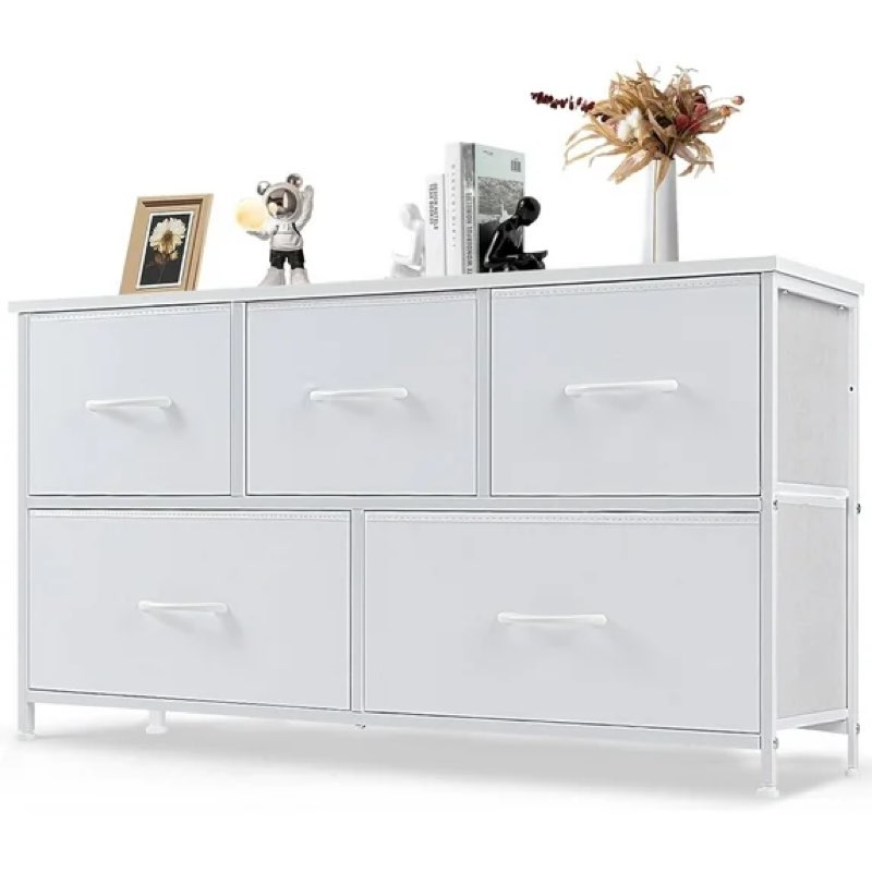 edx 5 drawer dresser, wide chest of drawers nightstand storage tower storage fabric dresser with wood top for living room, bedroom, hallway,white