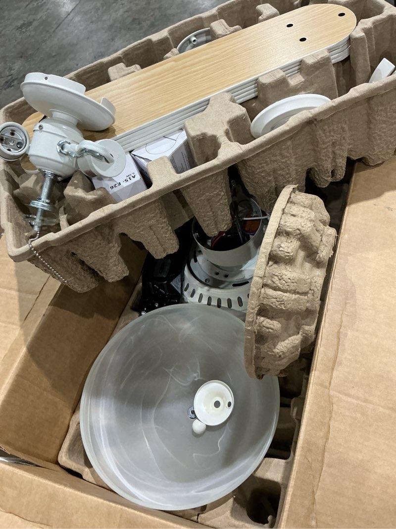Condition photo showing As Is for harbor breeze mayfield 44-in white with white/golden blades led indoor flush mount ceiling fan with light (5-blade)