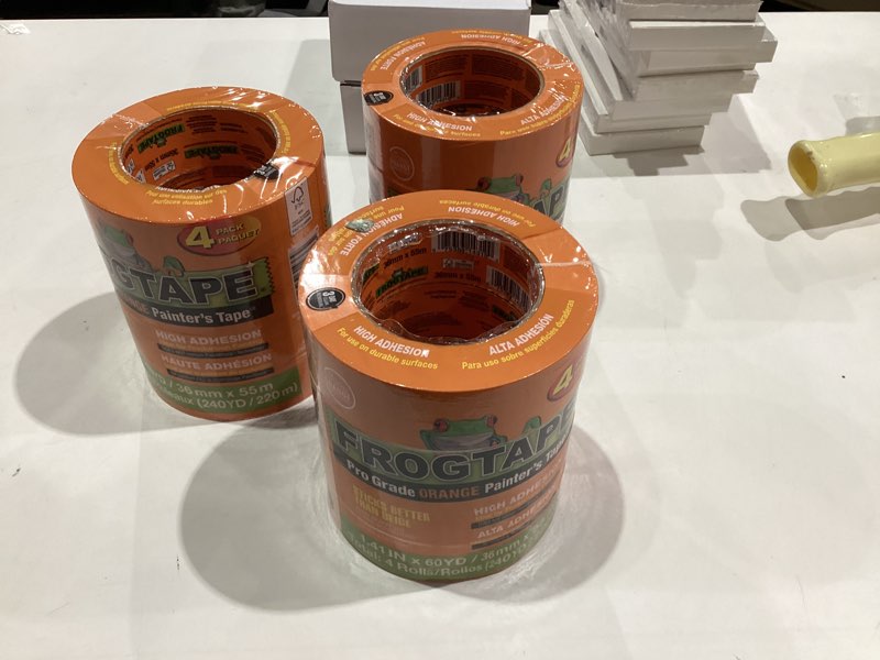 Condition photo showing New/Like New for FrogTape ProGrade Orange Painters Tape, 1.5 Inch Wide (1.41 In. x 60 Yds), High Adhesion, Paint Tape for Indoor & Outdoor Applications, Orange, 4 Rolls (242808)
