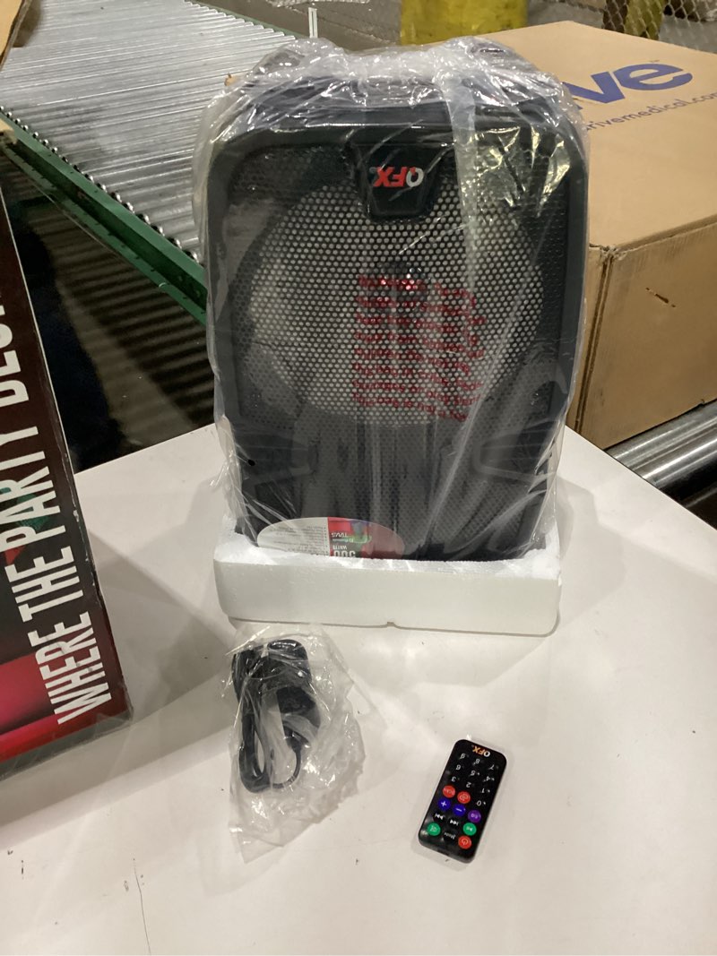 Condition photo showing New/Like New for Crystal Clear Sound, Bright Party Lights, Portable & Easy to Use | 8" Rechargeable Bluetooth PA Karaoke Loud Party Speaker, 5-Hour Playtime | TWS, USB, TF, AUX, FM Radio | QFX | TMS-853