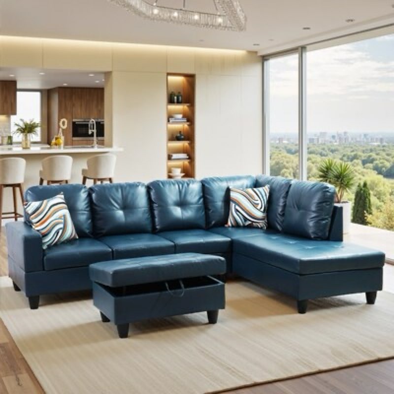 ( incomplete ,only 1 box)Semi PU Synthetic Leather 3-Piece Couch Living Room Sofa Set - Right - Peacock Blue