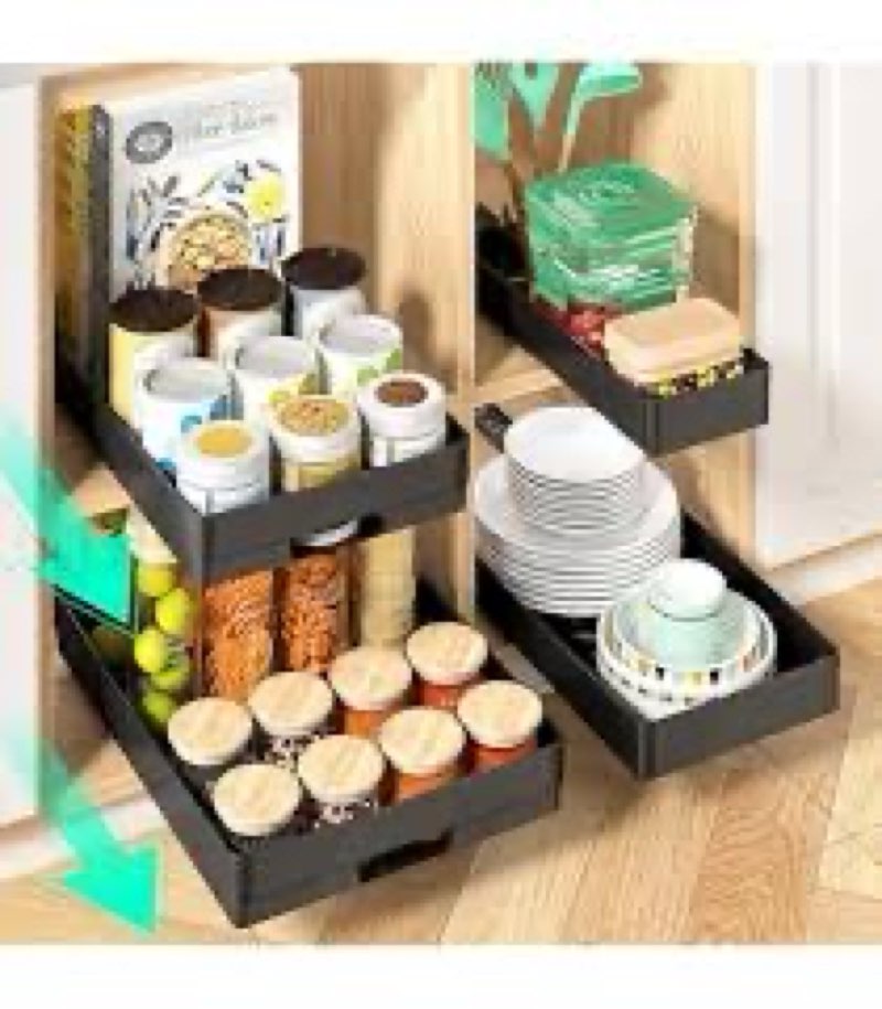 ByNaRIX Expandable Pull Out Cabinet Organizer 16.5" Deep, 3 Rails Slide Out Drawer for Kitchen Cabin