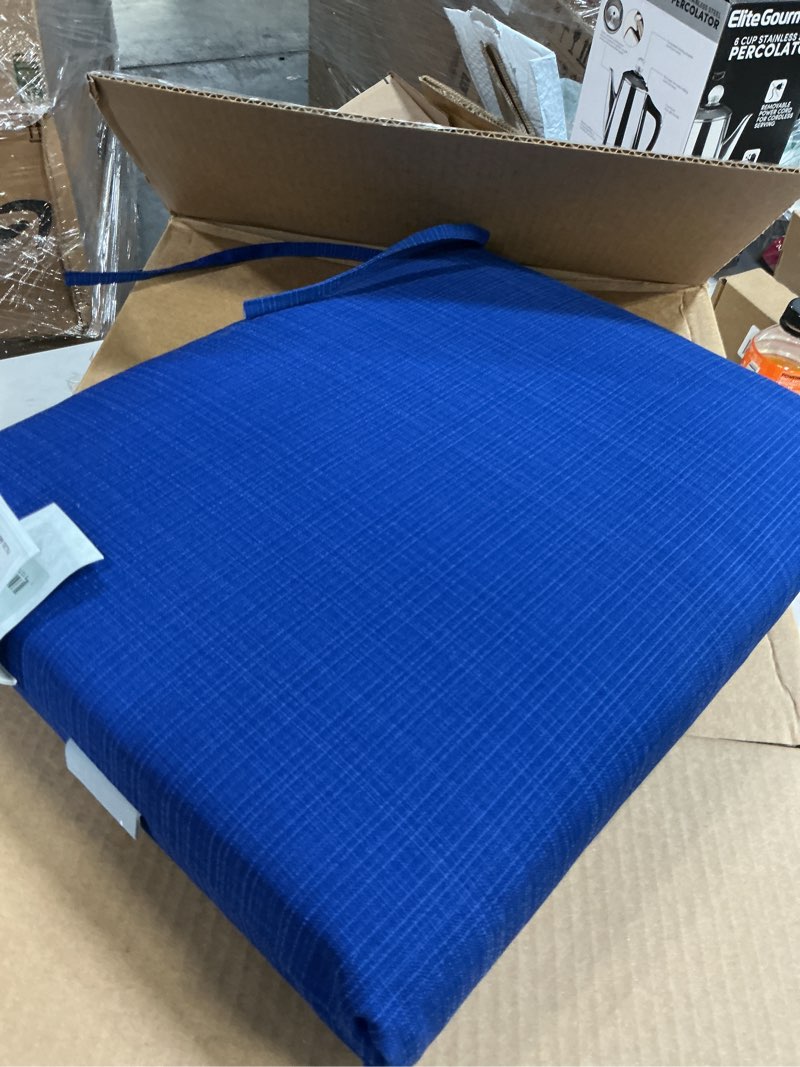 Condition photo showing Good Condition for Pillow Perfect Fresco Solid Indoor/Outdoor Patio Seat Cushions Plush Fiber Fill, Weather and Fade Resistant, Square Corner - 16" x 18.5", Blue, 2 Count