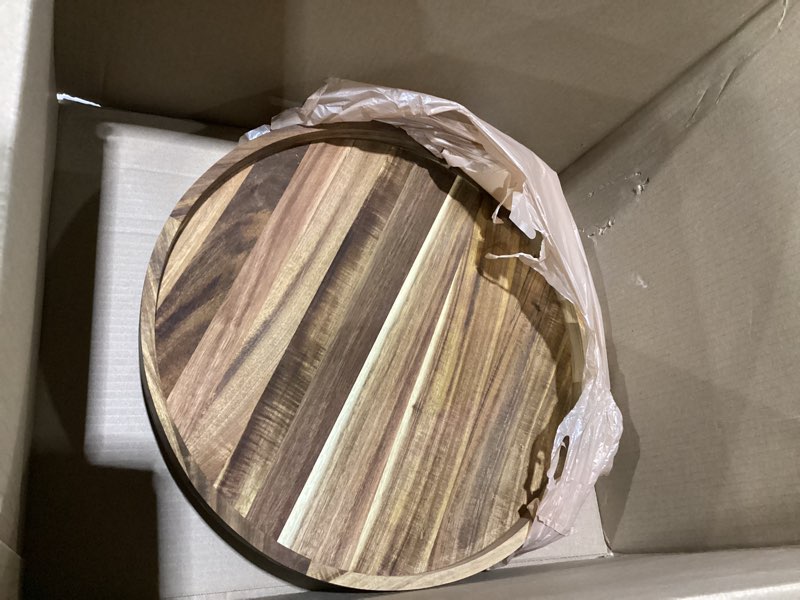 Condition photo showing Good Condition for 12" acacia wood lazy susan turntable organizer, lazy susan for table top cabinet dining pantry countertop cupboard organization, decorative tray for kitchen bathroom decor coffee bar accessories acacia 12" with low rim