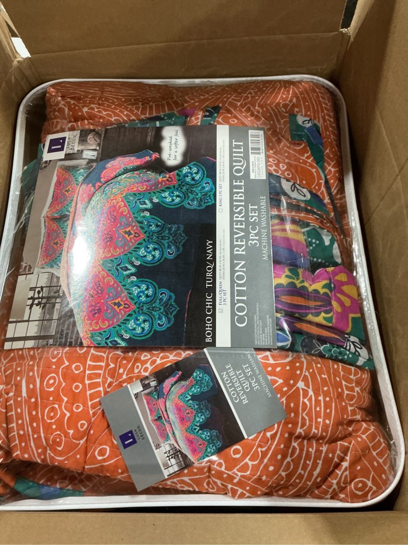 lush decor boho chic reversible cotton quilt 3-piece set, full/ queen, turquoise & navy - bright pai