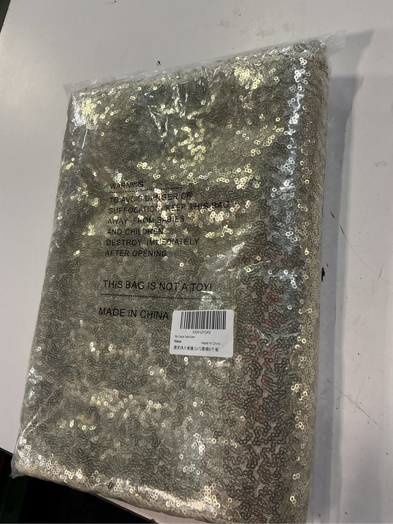 Condition photo showing New/Like New for 6 packs 12 x 72 inches sequin table runner, champagne glitter table runner for birthday party supplies wedding engagement baby shower holiday celebration event decorations champagne 6
