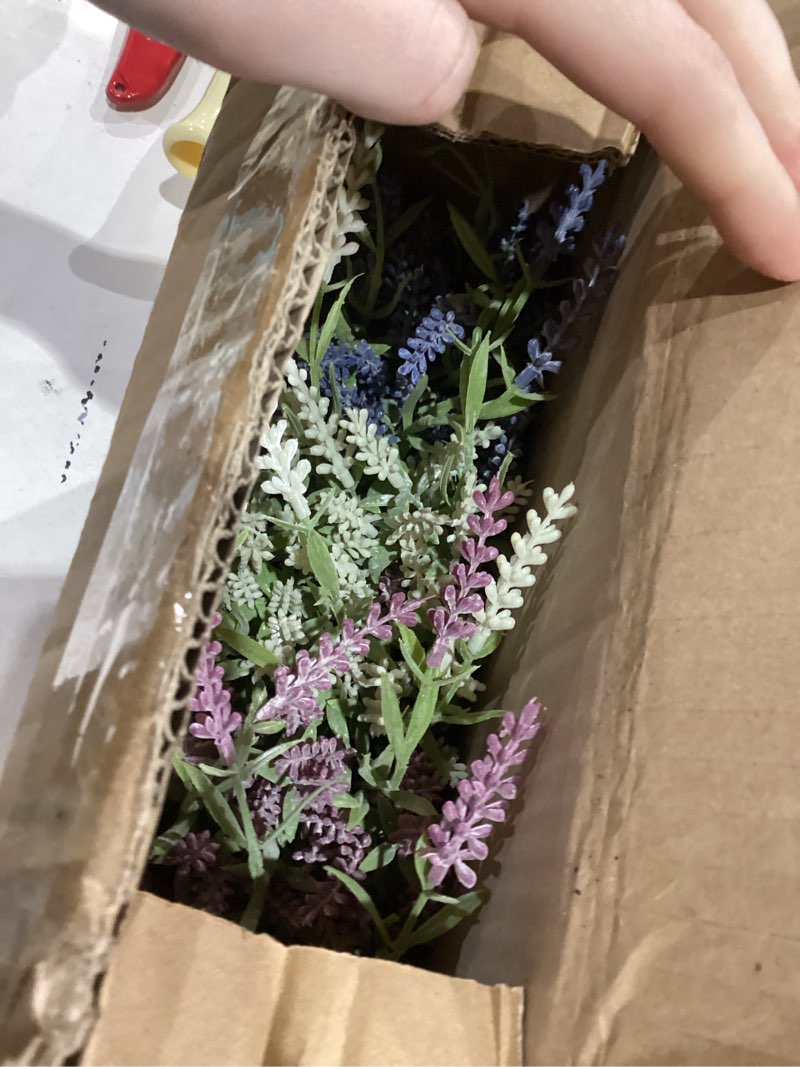Condition photo showing As Is for Velener Artificial Lavender Flowers(Pink/White/Purple), Small Fake Lavender Plants Pot Set of 3 - Faux Lavender Flowers for Farmhouse/Home Mud Flower Pots