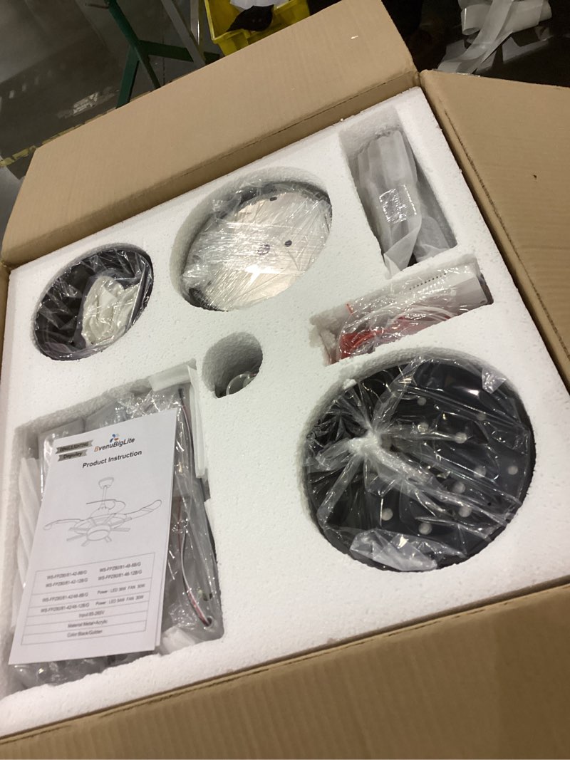 Condition photo showing New/Like New for Retractable Ceiling Fan with Light: 42" Black Chandelier with Fan 9-Lights Modern - Chandelier Ceiling Fan Light Fixture for Bedroom Living Dining Room - 3 Colors Light 6 Speeds Timing