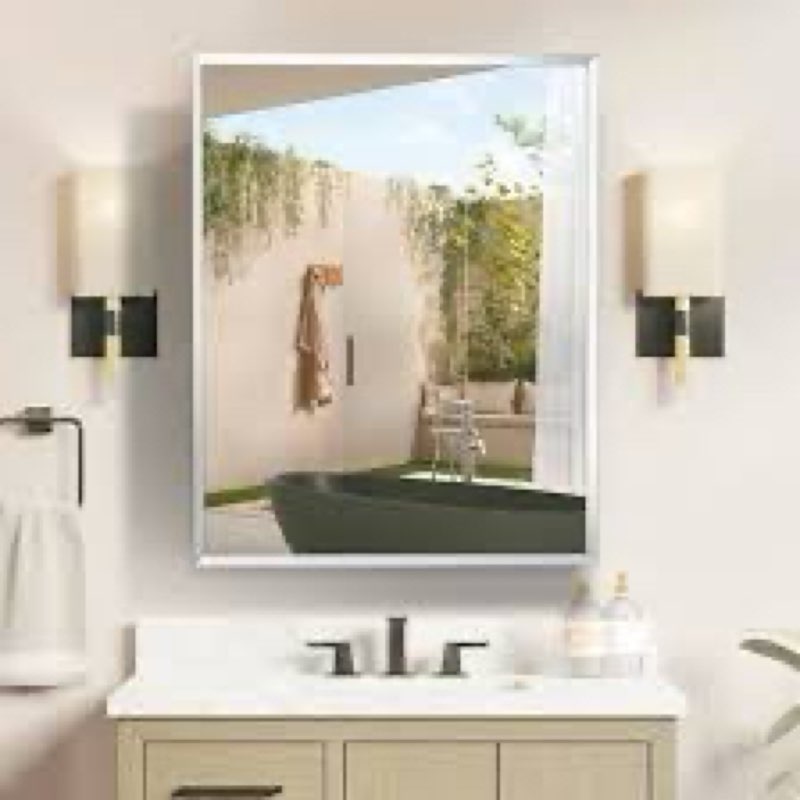 movo medicine cabinet with mirror, 24 inch x 30 inch aluminum mirror cabinet with single door, bathr