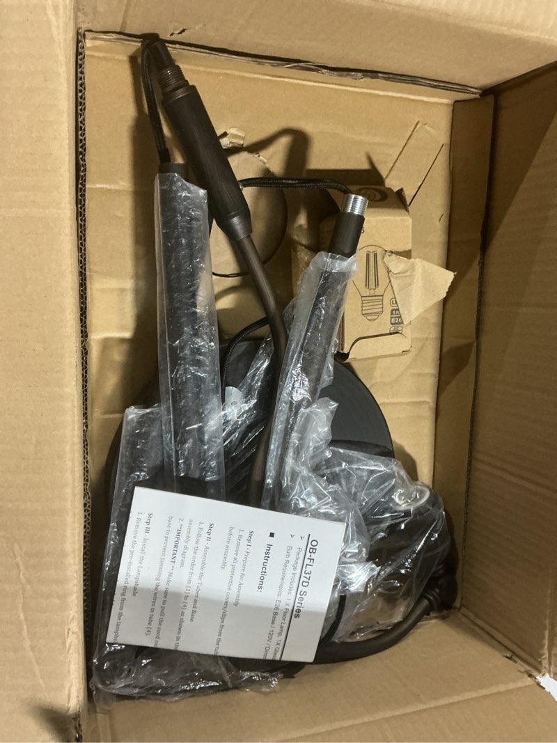 Condition photo showing As Is for o’bright heritage - banker’s floor lamp, 3-level touch dimming, adjustable tilt shade, removable lampshade design, e26 socket with 6w dimmable led bulb, white jade glass shade, oil rubbed bronze oil rubbed bronze-white glass