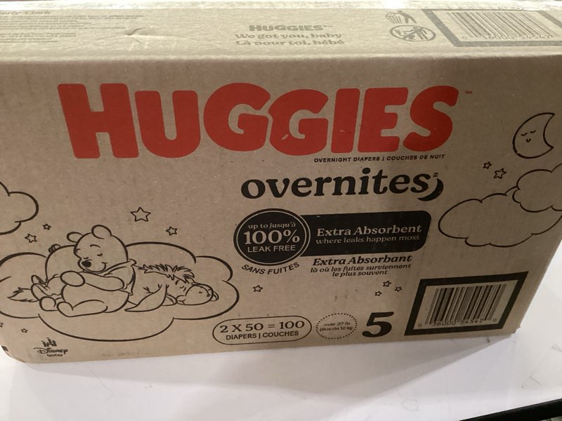 Condition photo showing New/Like New for Huggies Size 5 Overnites Baby Diapers: Overnight Diapers, Size 5 (27+ lbs), 100 Ct (2 Packs of 50), Packaging May Vary Size 5 100