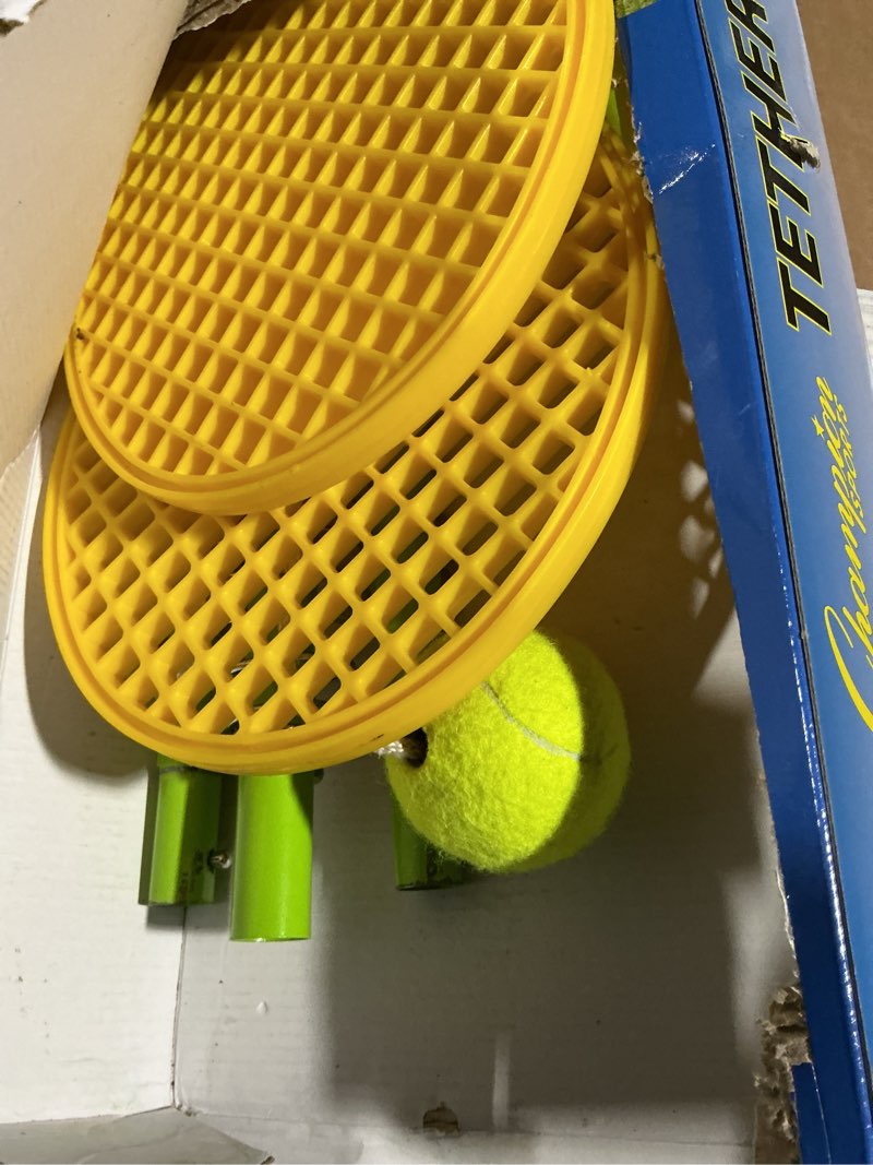 Condition photo showing As Is for champion sports ttgame tetherball tennis: swingball outdoor lawn game for kids, adults, and families - backyard tether kit with tennis ball and paddle set tennis tetherball and paddle set